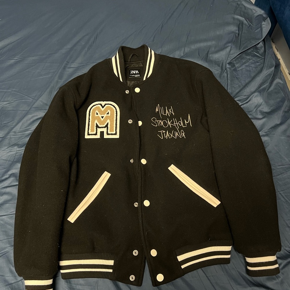 Zara Black Bomber Varsity Jacket with Cream Trim